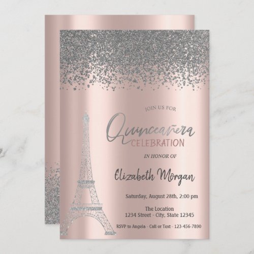 Silver Diamonds Rose GoldEiffel Tower Quinceanera Invitation