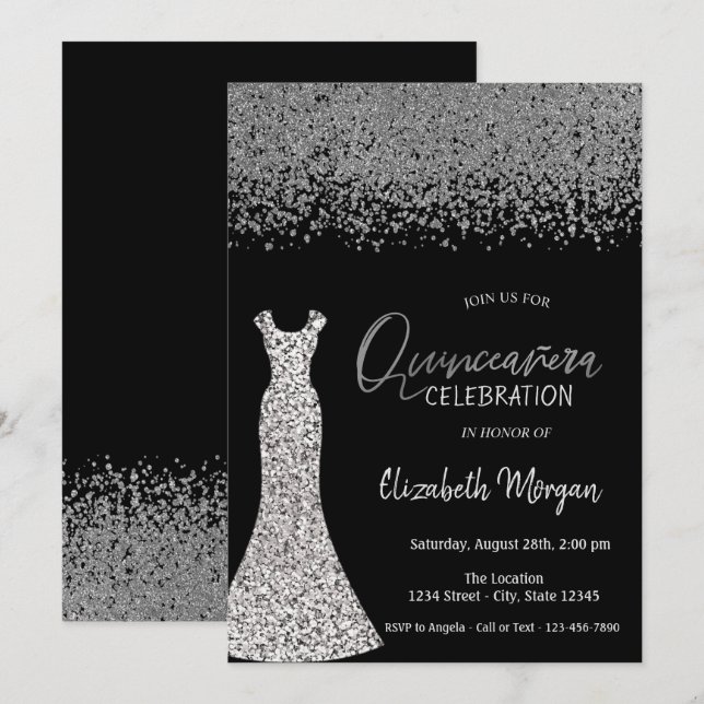 Silver Diamonds,Sequins Dress Black Quinceañera Invitation (Front/Back)