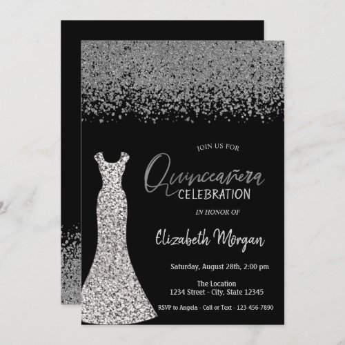 Silver DiamondsSequins Dress Black Quinceaera Invitation