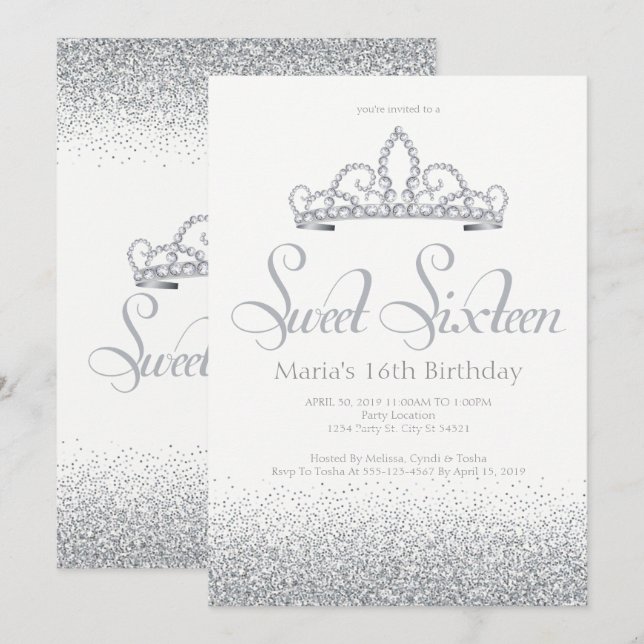 Silver & Diamonds Sweet Sixteen Invitations (Front/Back)