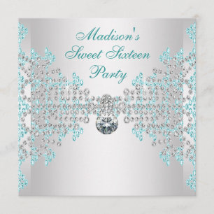 Silver Diamonds Teal Blue Sweet 16 Birthday Party Invitation