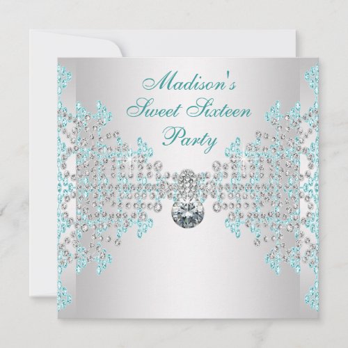 Silver Diamonds Teal Blue Sweet 16 Birthday Party Personalized Invitation