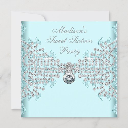 Silver Diamonds Teal Blue Sweet 16 Birthday Party Custom Announcement