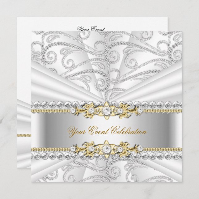 Silver Diamonds White Gold Elegant Birthday Party Invitation (Front/Back)