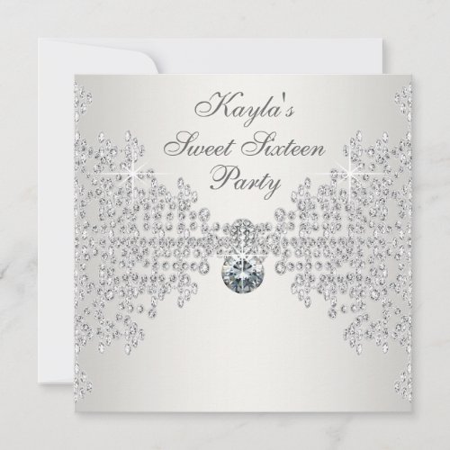 Silver Diamonds White Sweet Sixteen Birthday Party Personalized Invite