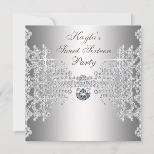 Silver Diamonds White Sweet Sixteen Birthday Party Invite