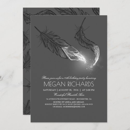 Silver Dipped Feathers Glitter Birthday Party Invitation
