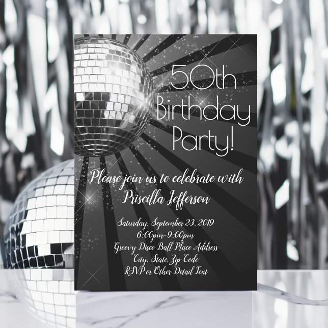 Silver Disco Ball 50th Birthday Party Invitation (Silver disco ball 50th birthday party invitations)