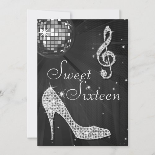 Silver Disco Ball and Sparkle Heels Black Sweet 16 Invitation
