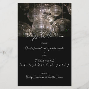 Silver disco ball birthday dinner party menu