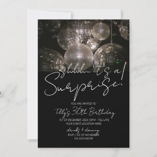 Silver disco ball birthday modern surprise party  invitation