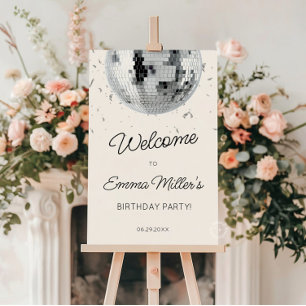 Silver Disco Ball Birthday Welcome Sign