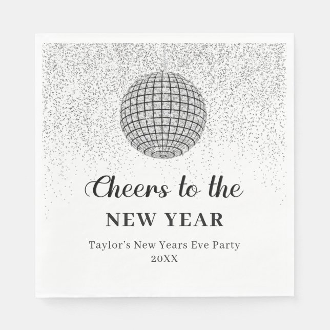 Silver Disco Ball Cheers New Years Eve Party Napkins (Front)
