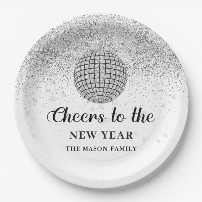 Silver Disco Ball Cheers New Years Eve Party Paper Plates (Front)