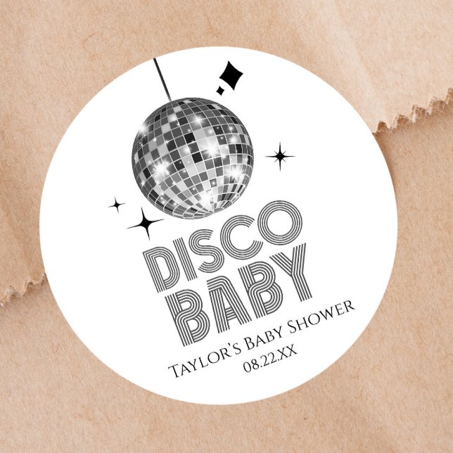 Silver Disco Ball 'Disco Baby' Baby Shower Classic Round Sticker (Creator Uploaded)