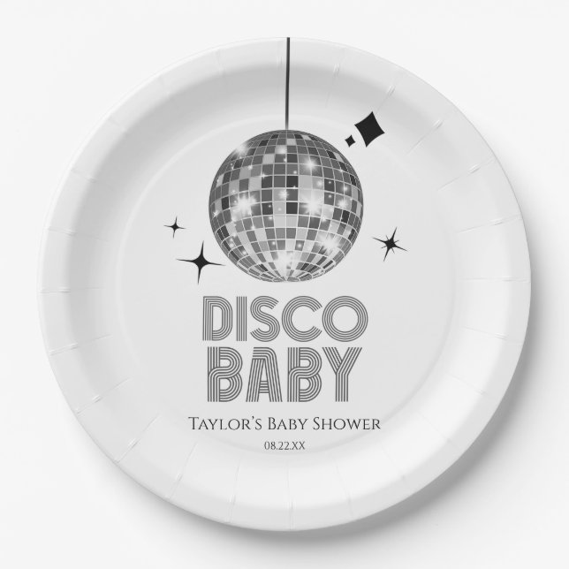 Silver Disco Ball 'Disco Baby' Baby Shower Paper Plates (Front)
