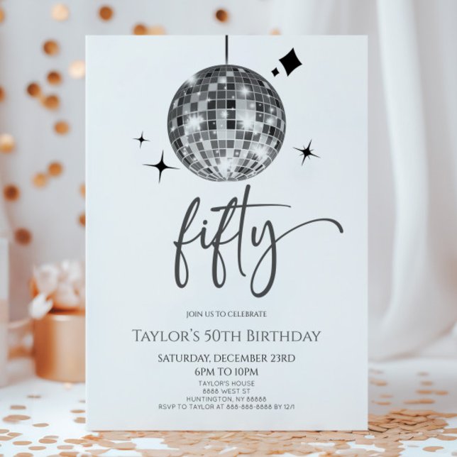 Silver Disco Ball Fifty 50th Birthday Party Invitation (Creator Uploaded)