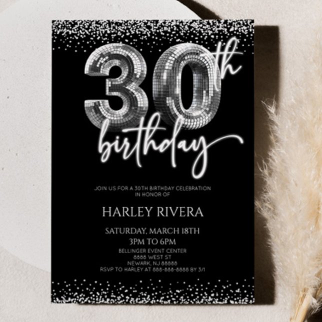 Silver Disco Ball Glitter 30th Birthday Party Invitation (Creator Uploaded)