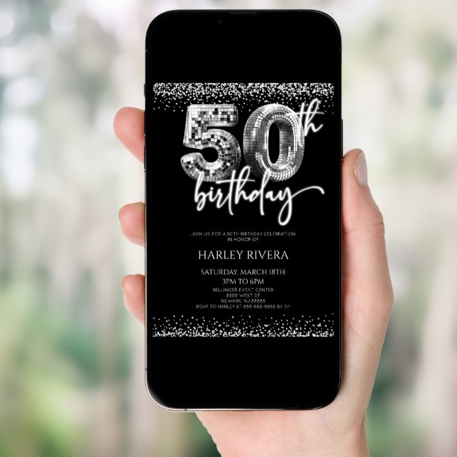 Silver Disco Ball Glitter 50th Birthday Party Invitation (Front Digital)