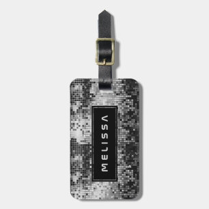 Silver Disco ball Glitter Black Accent Monogram Luggage Tag