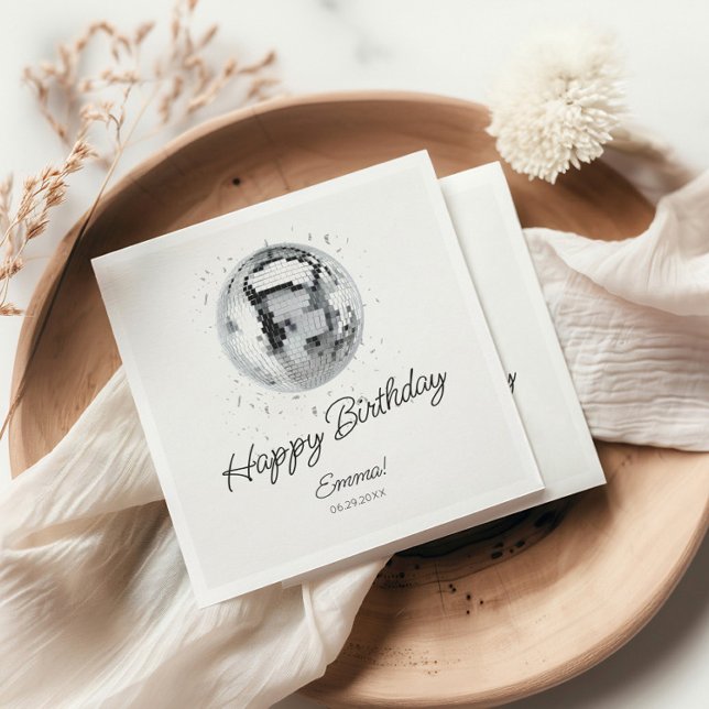 Silver Disco Ball Happy Birthday Napkins (Silver Disco Ball Happy Birthday Napkins)