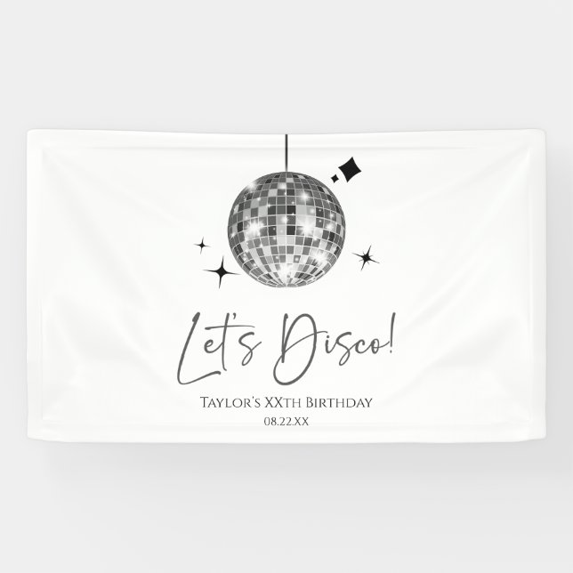 Silver Disco Ball Let's Disco Birthday Party Banner (Horizontal)