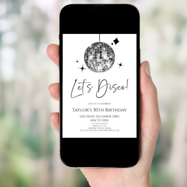 Silver Disco Ball Let's Disco Birthday Party Invitation (Front Digital)