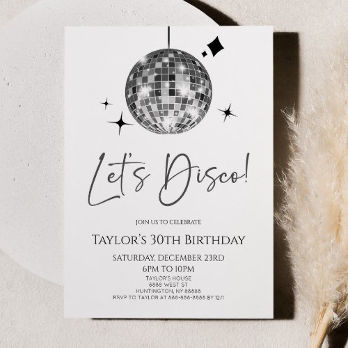 Silver Disco Ball Lets Disco Birthday Party Invitation