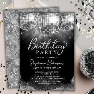Silver Disco Ball Modern 40th Birthday Party Invitation