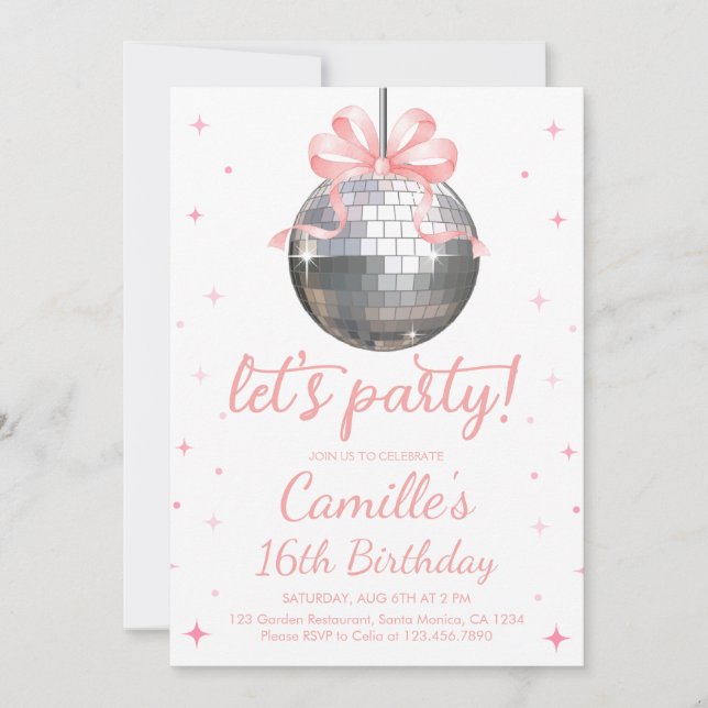 Silver Disco Ball | pink bow Birthday Party Invitation (Front)