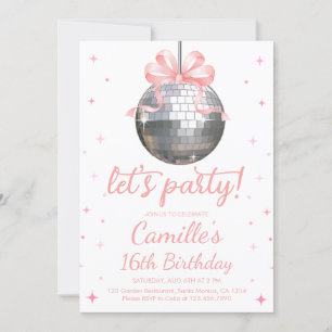 Silver Disco Ball pink bow Birthday Party Invitation