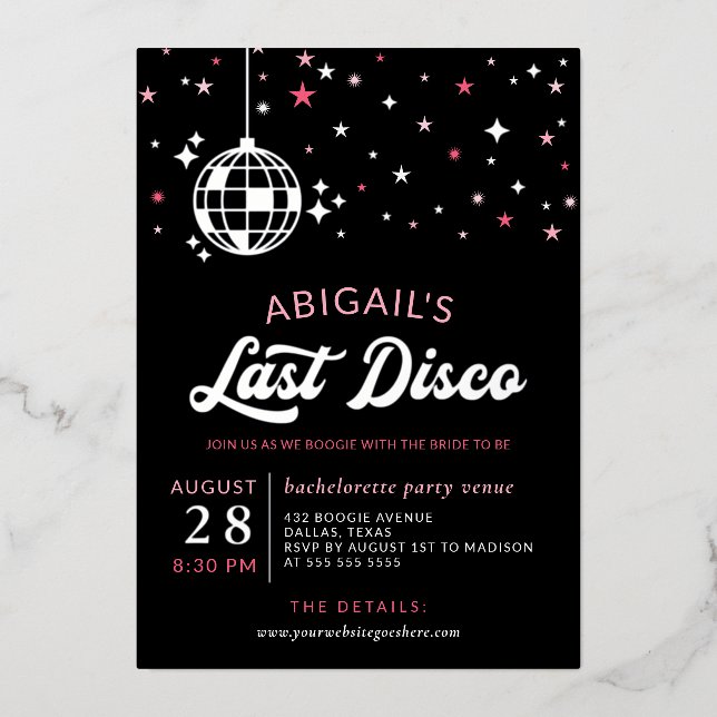 Silver Disco Ball Stars Bachelorette Last Disco Foil Invitation (Front)