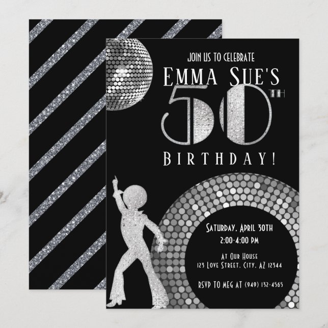 Silver Disco Ball Studio 54 Party 50th Birthday  Invitation (Front/Back)