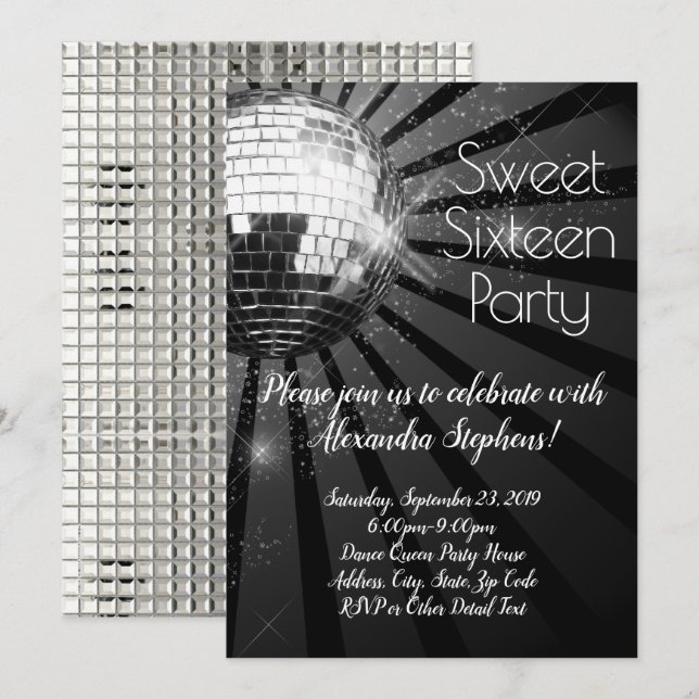 Silver Disco Ball Sweet Sixteen 16th Dance Party Invitation (Front/Back)