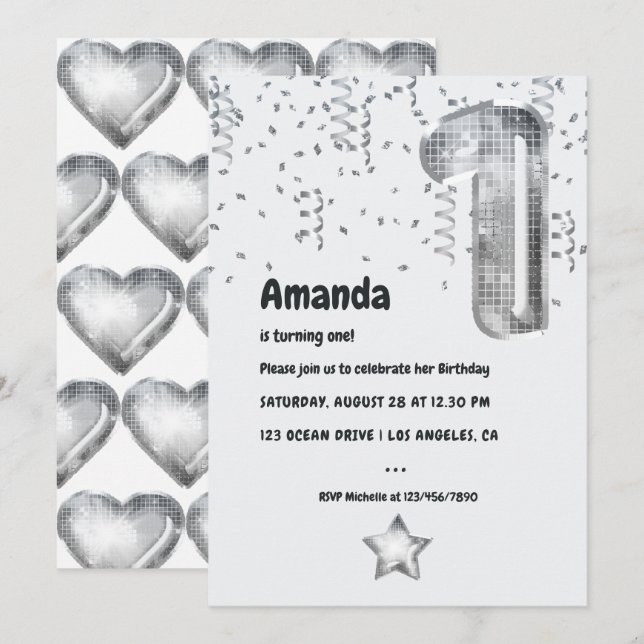 Silver Disco Balloon 1st Birthday Party Invitation (Front/Back)