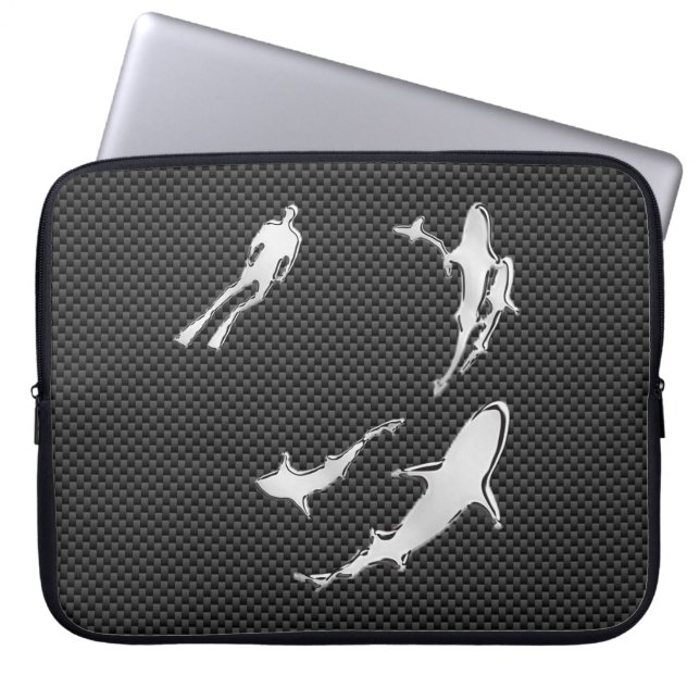 Silver Diver with Sharks on Carbon Fiber Style Laptop Sleeve (Front)