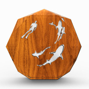Silver Diver with Sharks on Teak Veneer Style Award