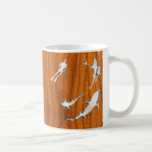 Silver Diver with Sharks on Teak Veneer Style Coffee Mug