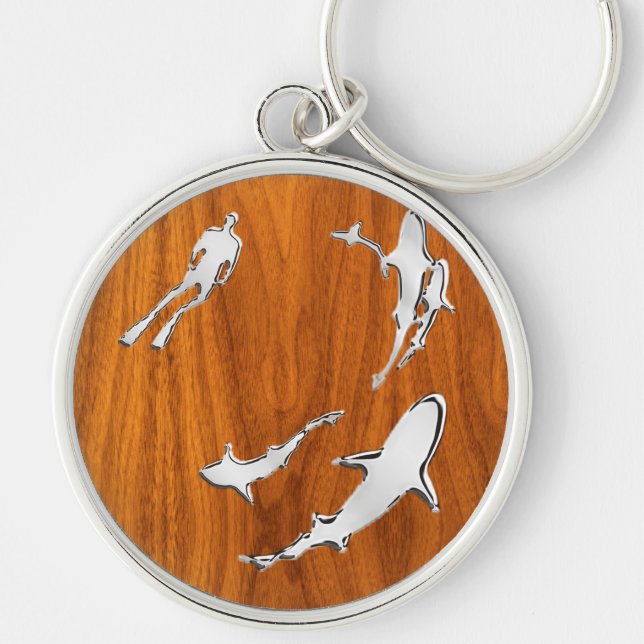 Silver Diver with Sharks on Teak Veneer Style Keychain (Front)