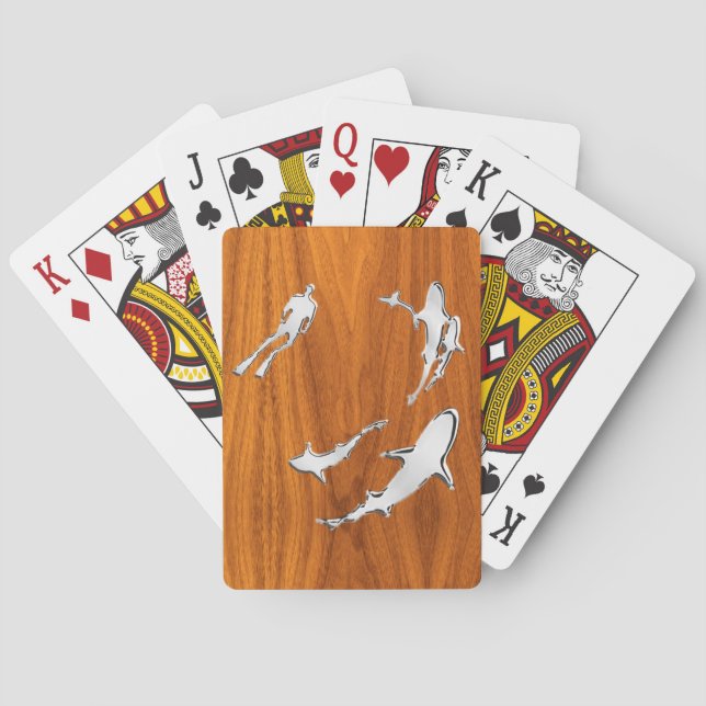Silver Diver with Sharks on Teak Veneer Style Poker Cards (Back)
