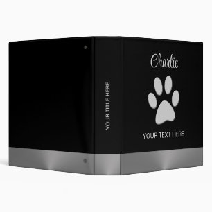 Silver Dog Paw on black background 3 Ring Binder