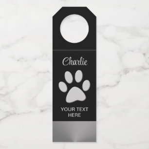 Silver Dog Paw on black background Bottle Hanger Tag