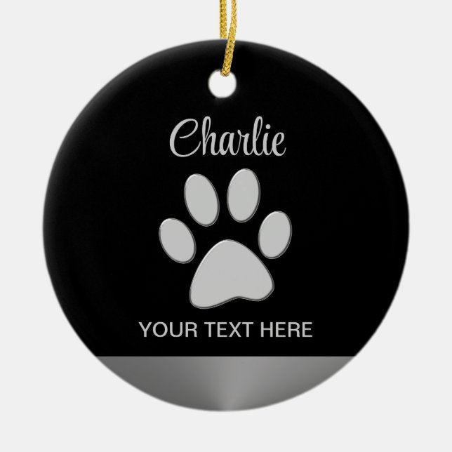  Silver Dog Paw on black background Ceramic Ornament (Front)