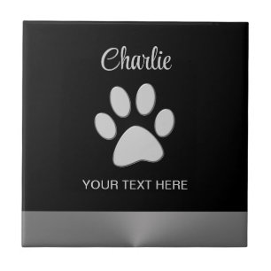 Silver Dog Paw on black background Ceramic Tile