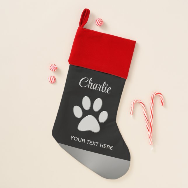  Silver Dog Paw on black background Christmas Stocking (Front)