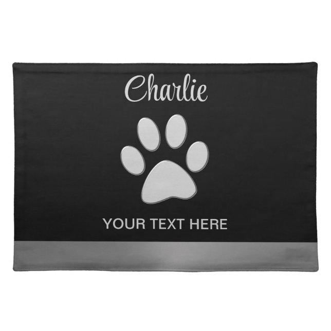  Silver Dog Paw on black background Cloth Placemat (Front)