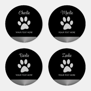 Silver Dog Paw on black background Coaster Set