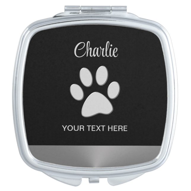  Silver Dog Paw on black background Compact Mirror (Front)