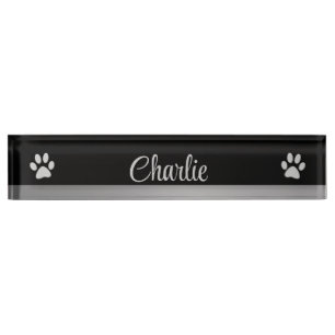 Silver Dog Paw on black background Desk Name Plate