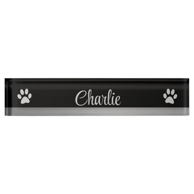  Silver Dog Paw on black background Desk Name Plate (Front)